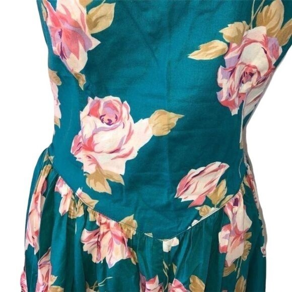 Carol Anderson California Dress Size 10 Turquoise Floral Cotton Attached Belt - Picture 11 of 13